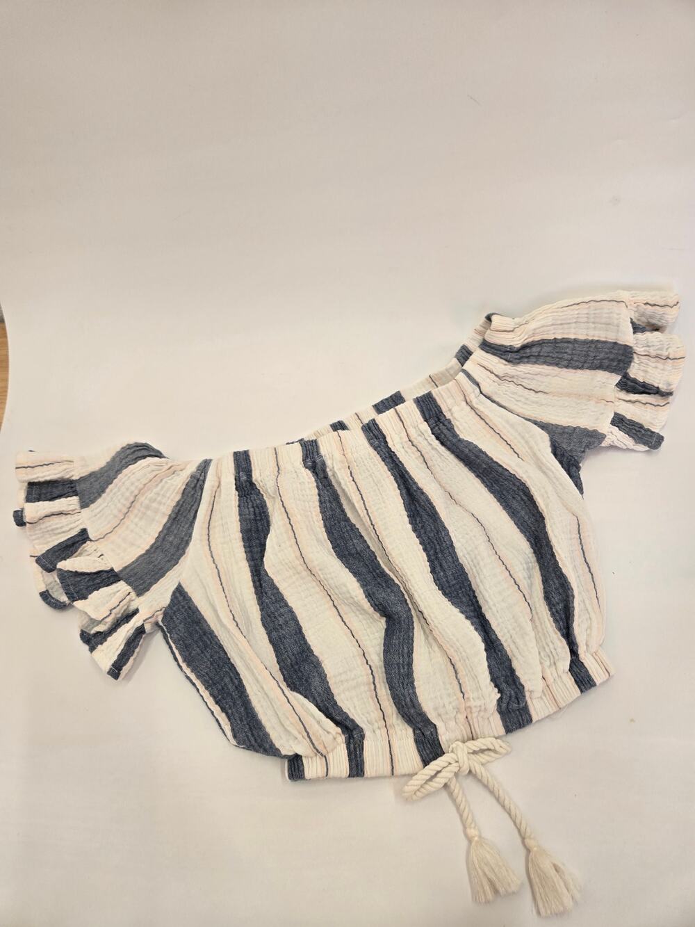 Ocean Drive Women's Medium Blue White Striped Off Shoulder Cropped Beach Top